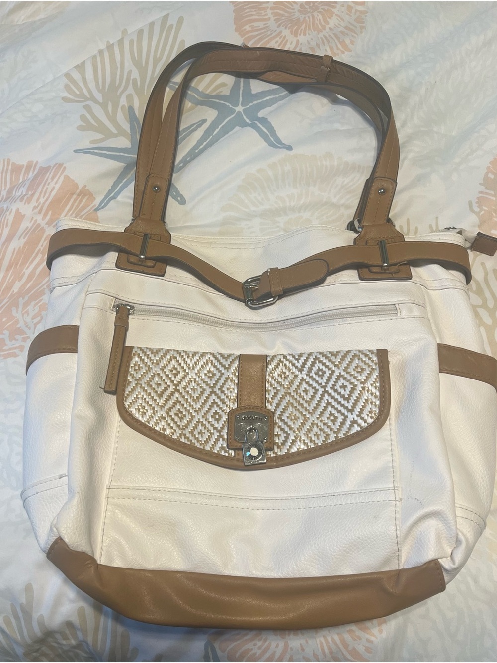Rosetti Cream and Tan Women's Tote Bag with Front Embossed Pocket